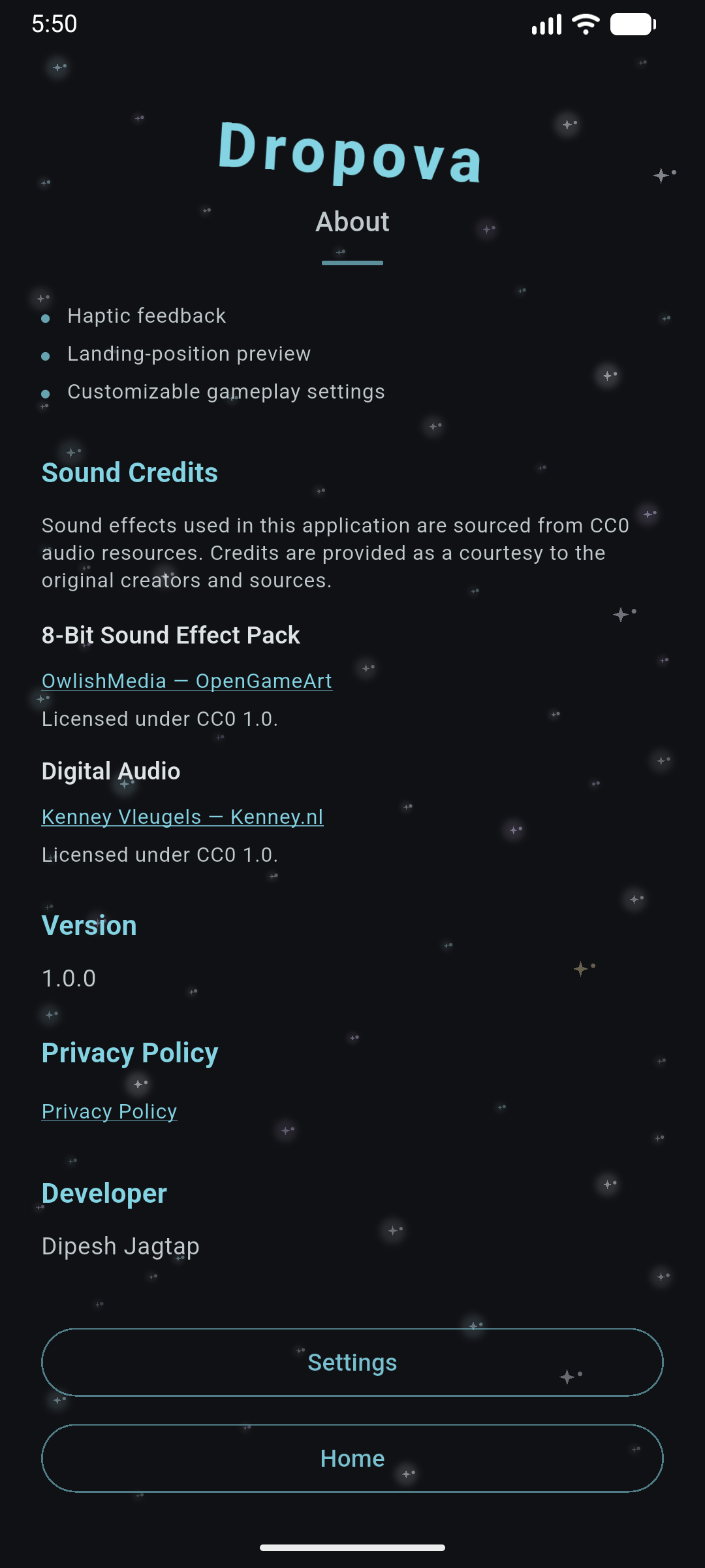 Dropova About screen with version 1.0.0, sound credits, and privacy policy link