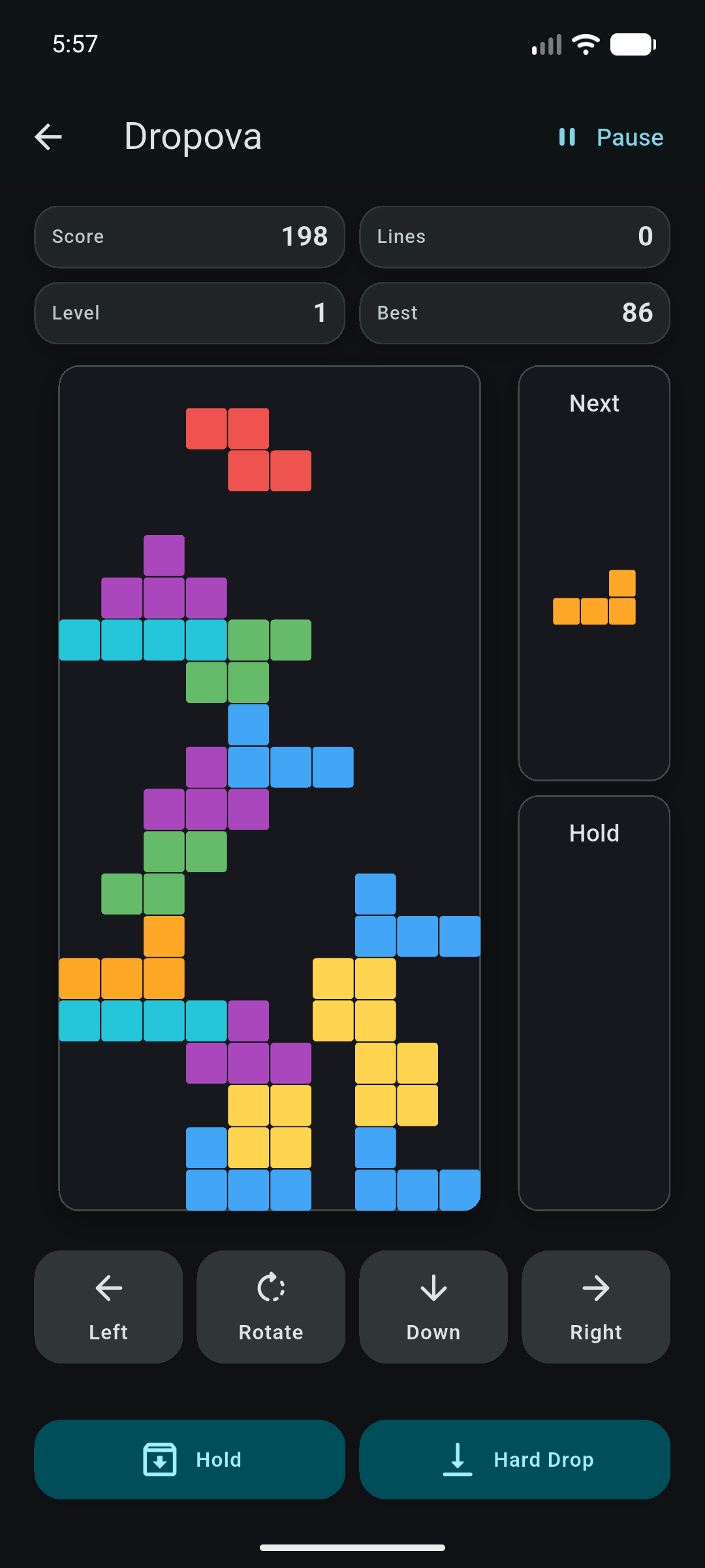 Dropova Cascade mode gameplay with stacked blocks on the board