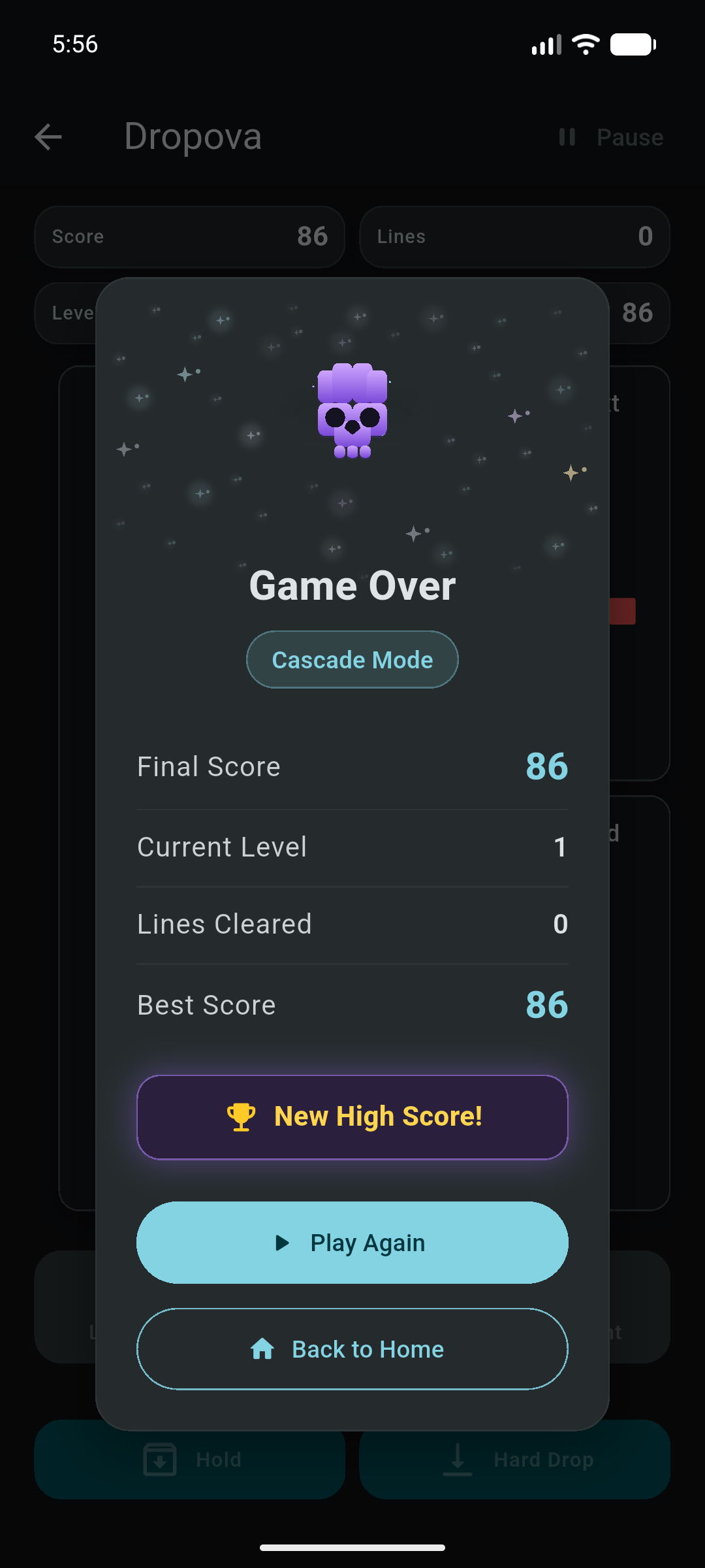 Dropova game over dialog showing final score, best score, lines cleared, and Play Again