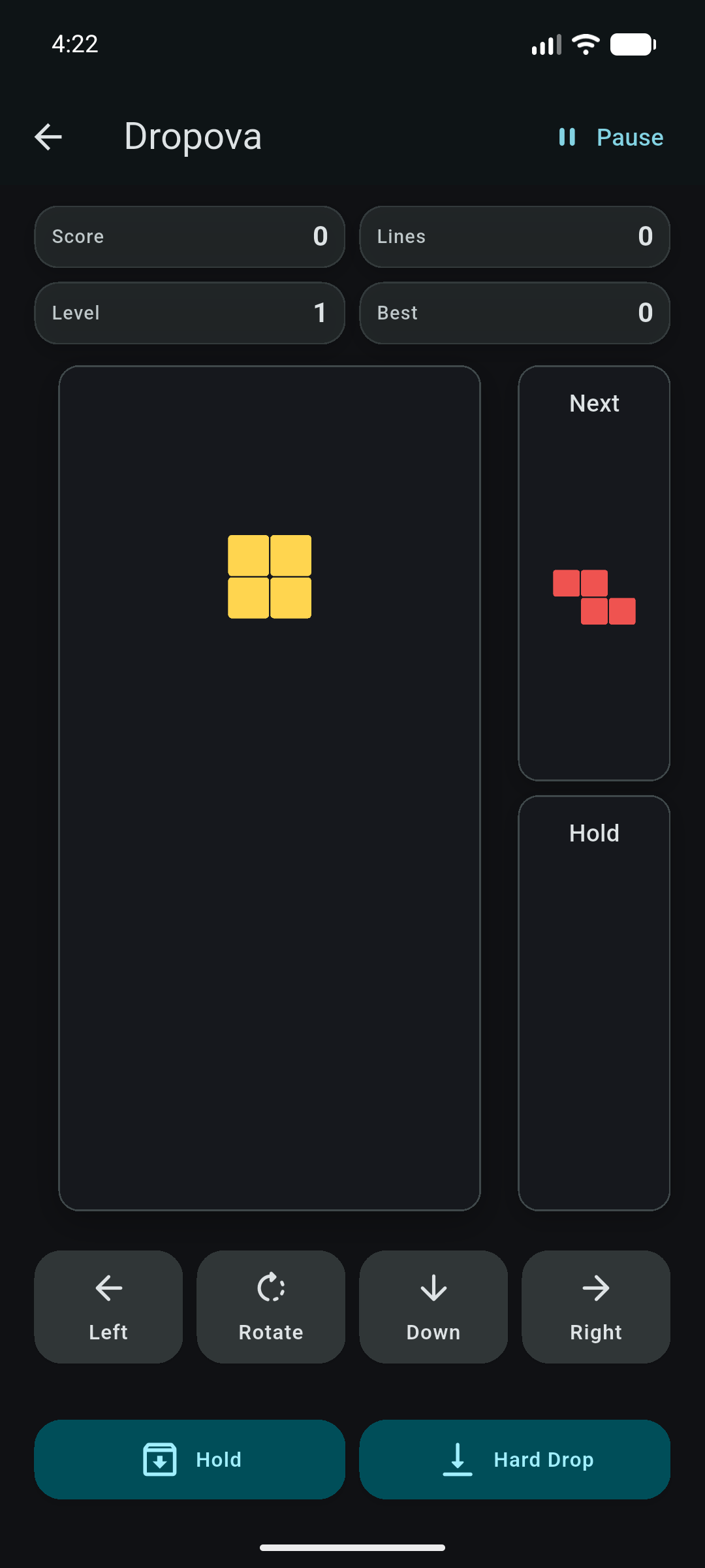 Dropova Classic mode gameplay with next and hold piece previews