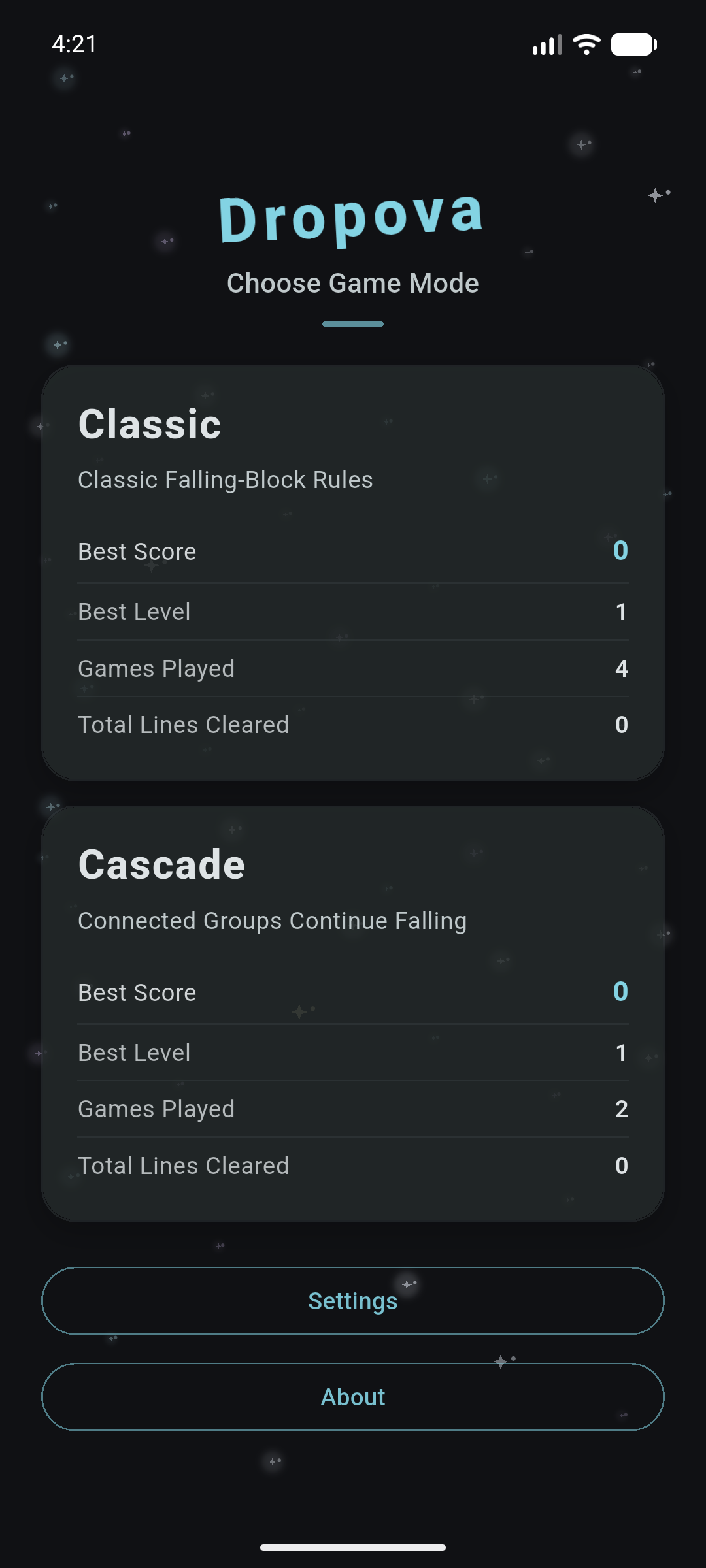 Dropova home screen showing Classic and Cascade mode cards
