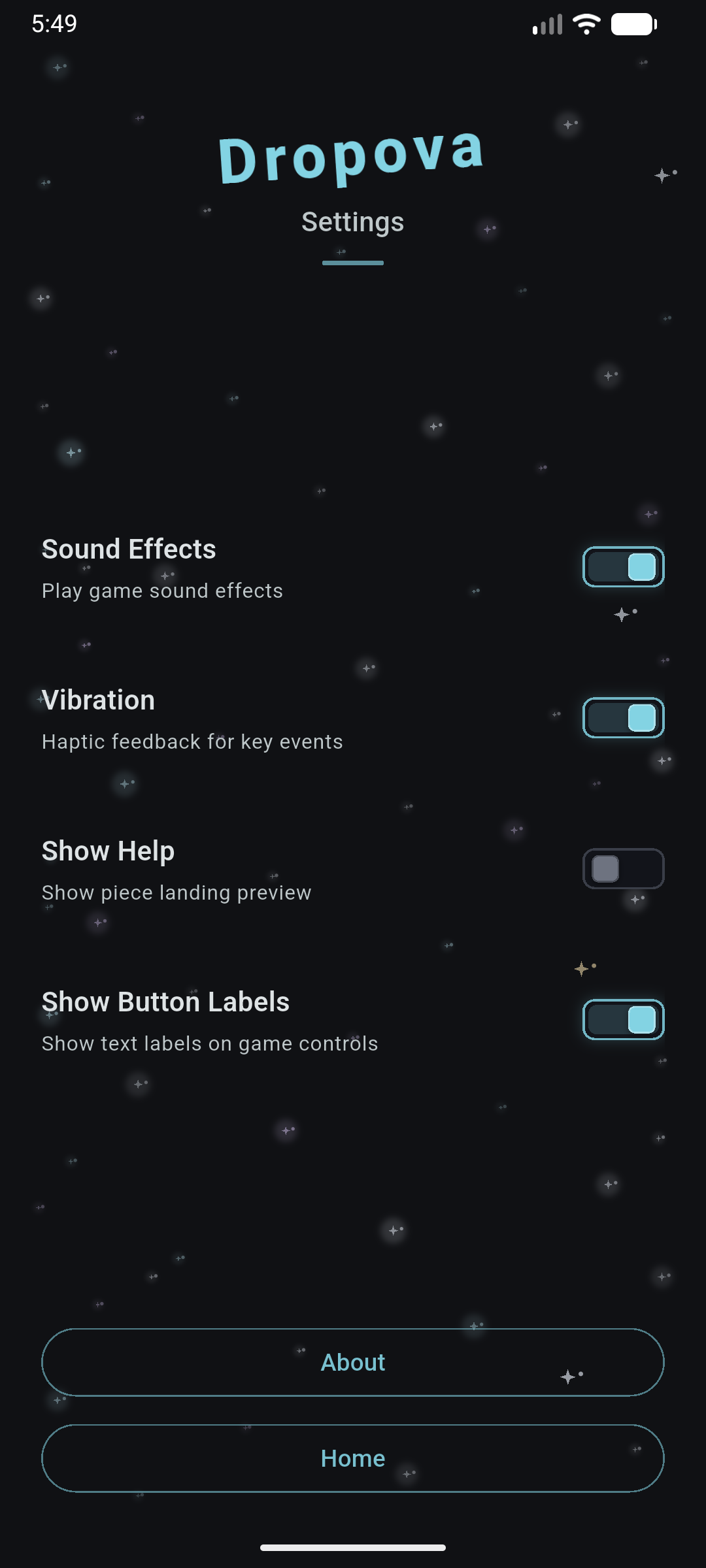 Dropova settings screen with sound, vibration, help, and button label toggles